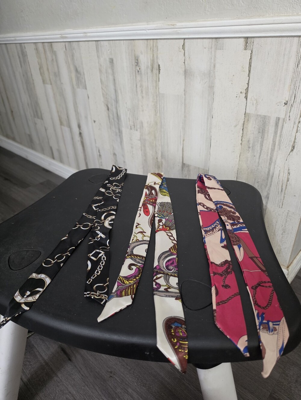 THREE Silky Multicolor Patterned Skinny Scarves / Twillies - NWOT